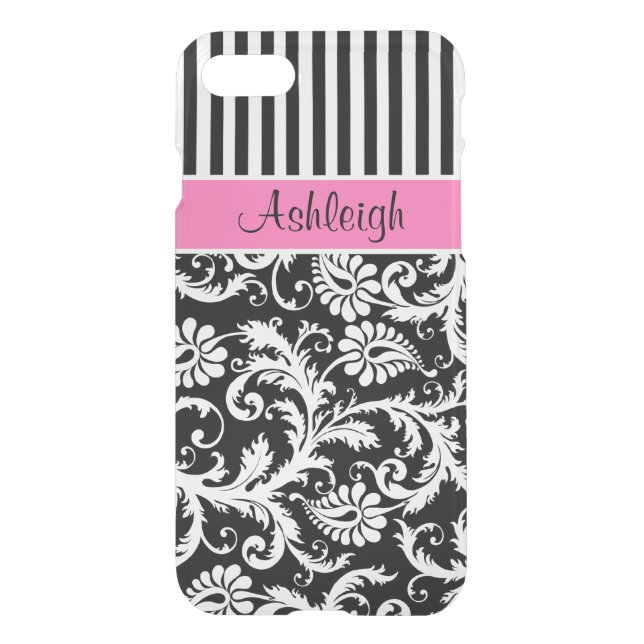 iPhone 7 Case | Pink, Black, White Striped Damask (Back)