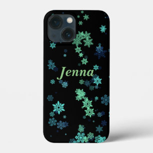 iPhone Black w/ Green & Blue Snowflakes 13 Mini Case