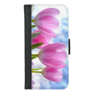 iPhone Wallet Case Pink Tulips Blue Skies