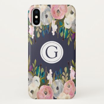 Iphone X Floral Navy Personalized Initial Case by Pip_Gerard at Zazzle
