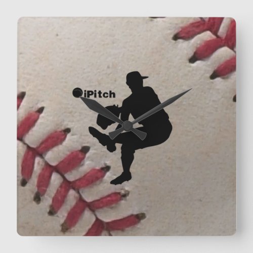 iPitch Player Silhouette On Baseball Background Square Wall Clock