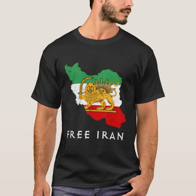 Iran Flag Map Lion Sun Sword Free Iran Support Of  T-Shirt (Front)