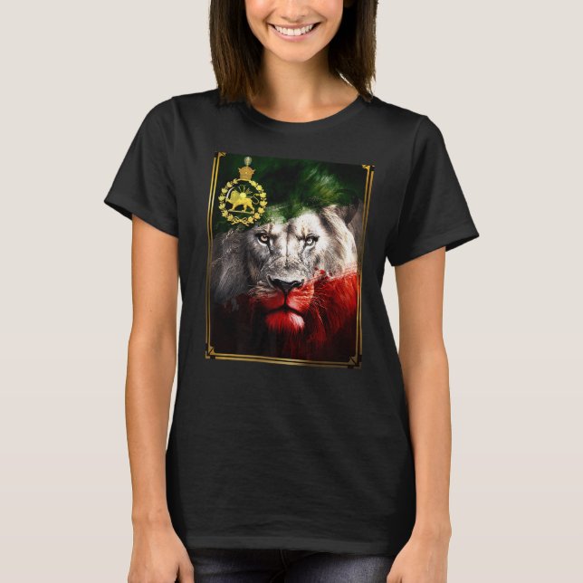 Iran flag on lion head with a golden lion Pahlavi T-Shirt (Front)