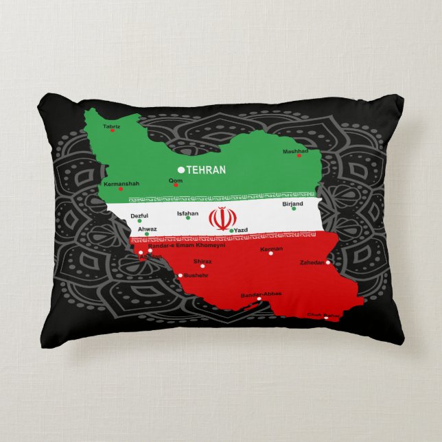 Iran Map with Flag and Emblem Accent Pillow (Front)
