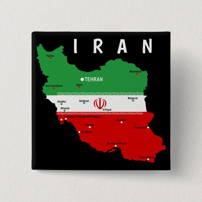 Iran Map with Flag and Emblem Button (Front)