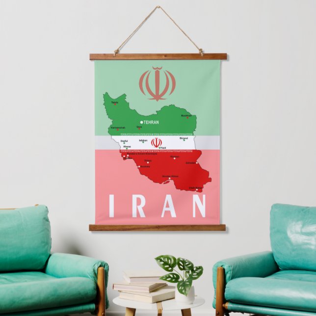 Iran Map with Flag and Emblem Hanging Tapestry (Living Room)