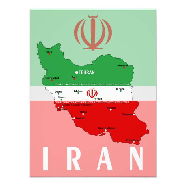 Iran Map with Flag and Emblem Photo Print (Front)