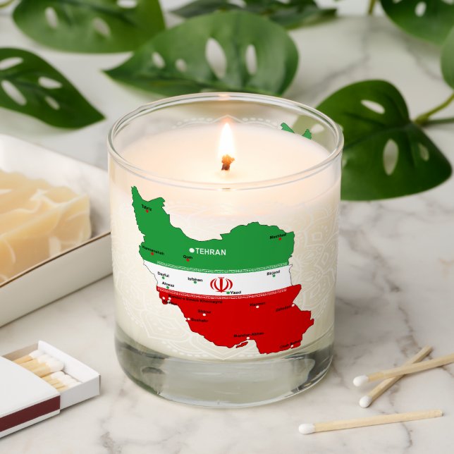 Iran Map with Flag and Emblem Scented Candle (Lit)