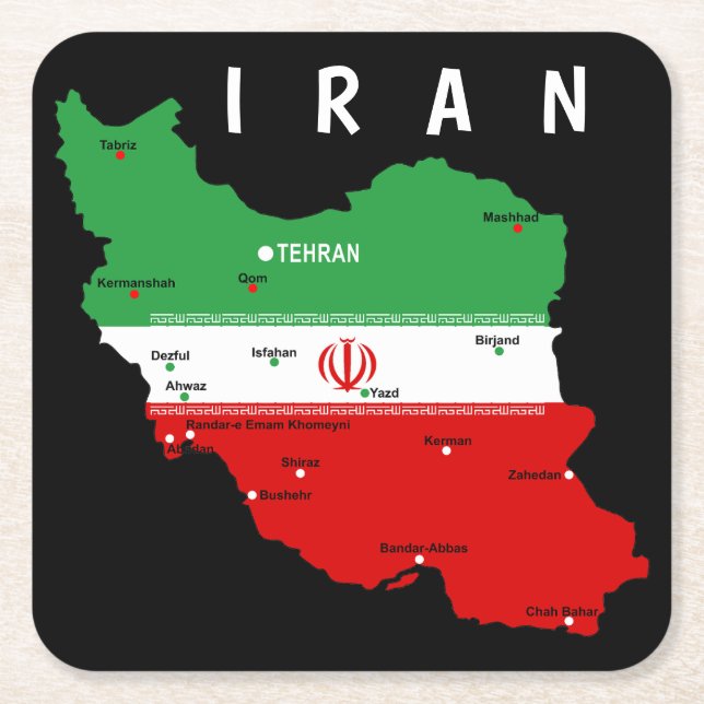Iran Map with Flag and Emblem Square Paper Coaster (Front)