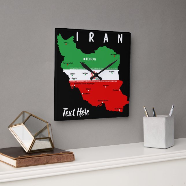 Iran Map with Flag and Emblem Square Wall Clock (Office)