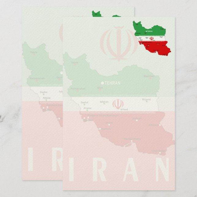 Iran Map with Flag and Emblem Stationery (Front/Back)