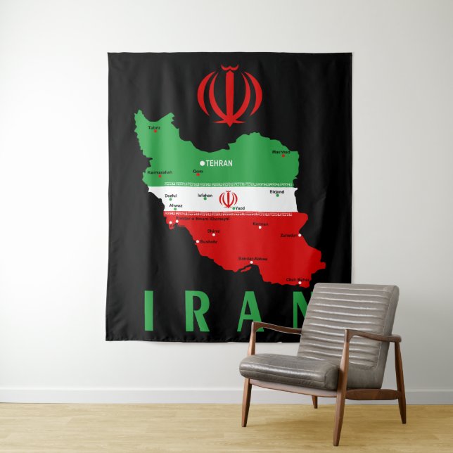 Iran Map with Flag and Emblem Tapestry (In Situ)