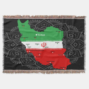 Iran Map with Flag and Emblem Throw Blanket