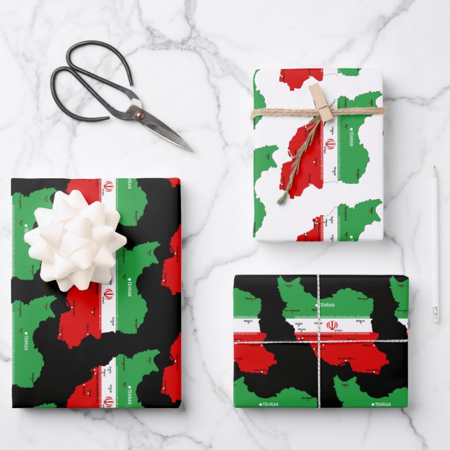 Iran Map with Flag and Emblem Wrapping Paper Sheets (Front)