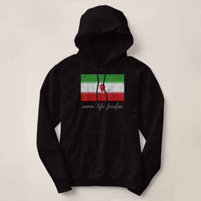 Iranian Flag Female with Fist Support Women of Ira Hoodie (Design Front)