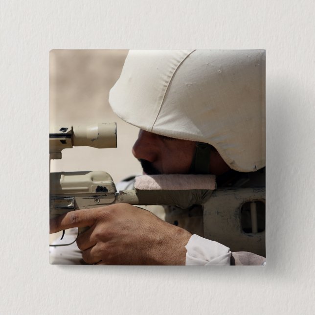 Iraqi Army Sergeant sights in down range Pinback Button (Front)