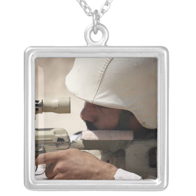 Iraqi Army Sergeant sights in down range Silver Plated Necklace (Front)