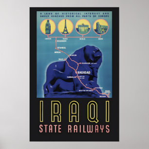 Iraqi State Railways 1930s Europe to Iraq Vintage Poster