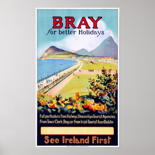 Ireland Bray Vintage Travel Poster Restored