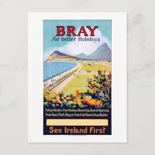 Ireland Bray Vintage Travel Poster Restored Postcard