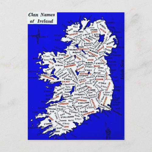 Ireland Clan Names Vintage Map Postcard