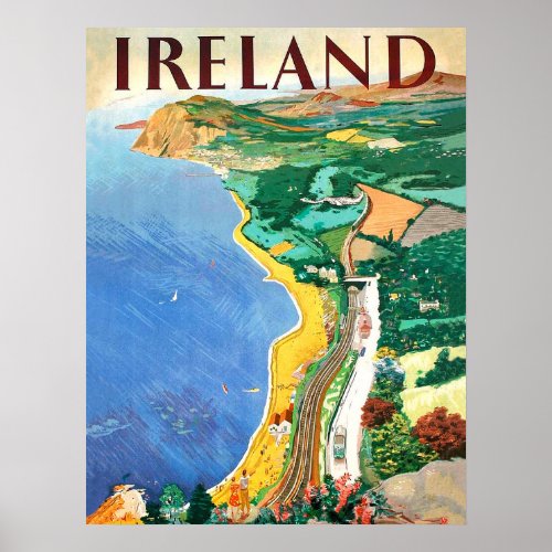 Ireland coastline vintage travel poster