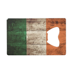 Ireland Flag on Old Wood Grain Credit Card Bottle Opener