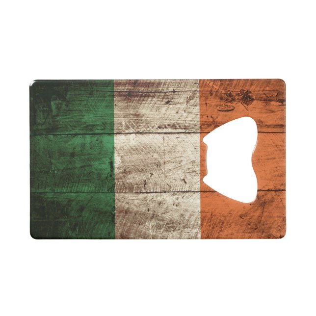 Ireland Flag on Old Wood Grain Credit Card Bottle Opener (Front (Horizontal))