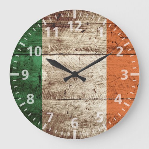 Ireland Flag on Old Wood Grain Large Clock