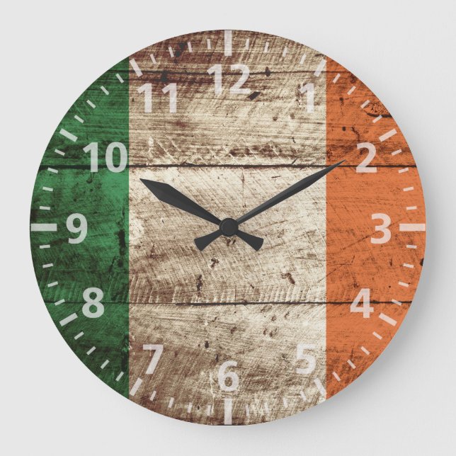 Ireland Flag on Old Wood Grain Large Clock (Front)