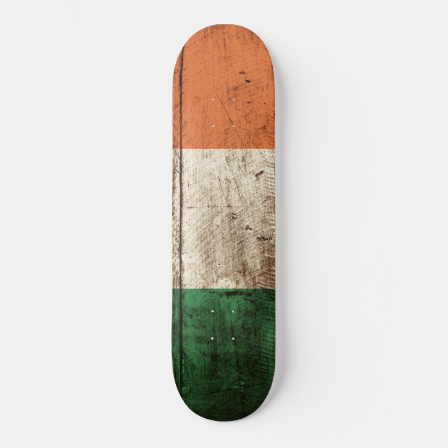 Ireland Flag on Old Wood Grain Skateboard (Front)