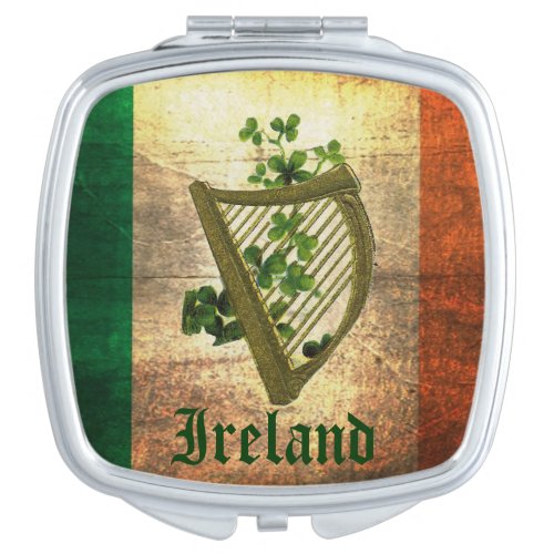 Ireland Flag with Shamrocks  Harp  Compact Mirror