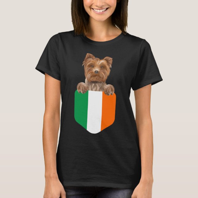 Ireland Flag Yorkshire Terrier Dog In Pocket T-Shirt (Front)