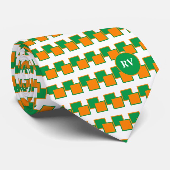 Ireland Green White Orange Pattern Monogrammed  Neck Tie (Rolled)