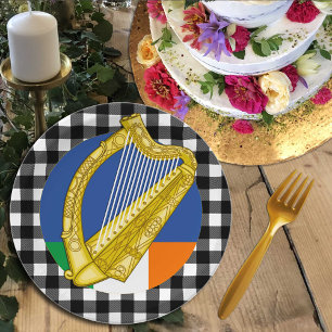 Ireland Harp plate, buffalo plaid & Irish Flag Paper Plates