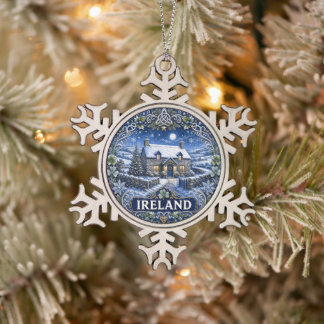 Ireland Holiday Cottage Scene Snowflake Pewter Christmas Ornament