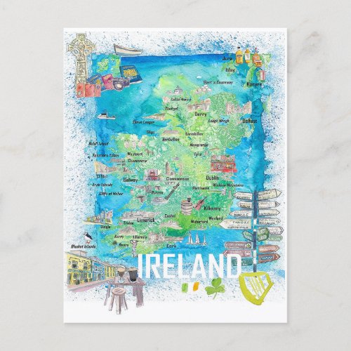 Ireland Illustrated Travel Map  Postcard