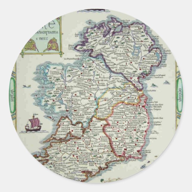 Ireland Map - Irish Eire Erin Historic Map Classic Round Sticker (Front)