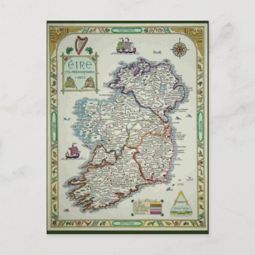 Ireland Map _ Irish Eire Erin Historic Map Postcard