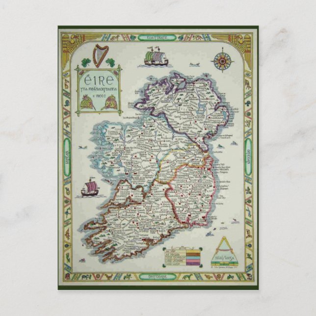 Ireland Map - Irish Eire Erin Historic Map Postcard (Front)