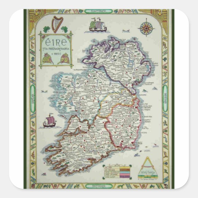 Ireland Map - Irish Eire Erin Historic Map Square Sticker (Front)