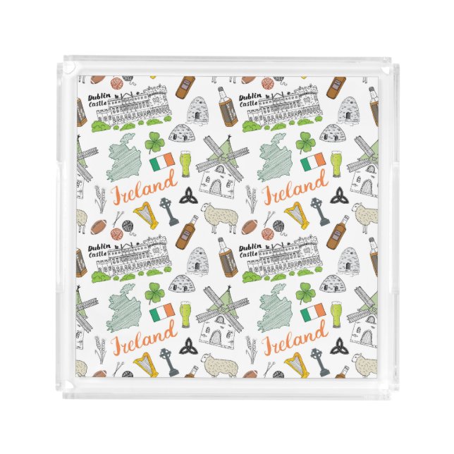 Ireland Sketch Doodle Pattern Acrylic Tray (Front)