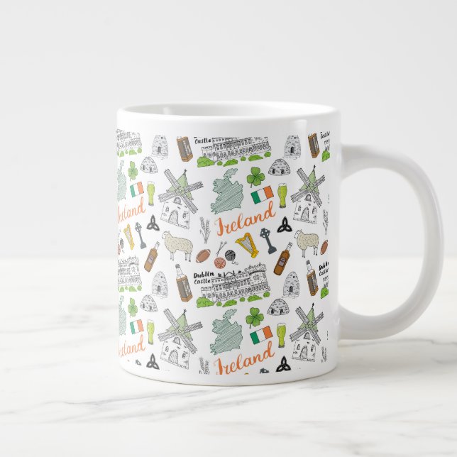 Ireland Sketch Doodle Pattern Giant Coffee Mug (Right)