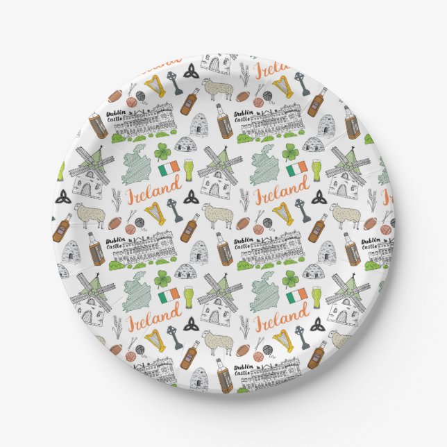 Ireland Sketch Doodle Pattern Paper Plates (Front)