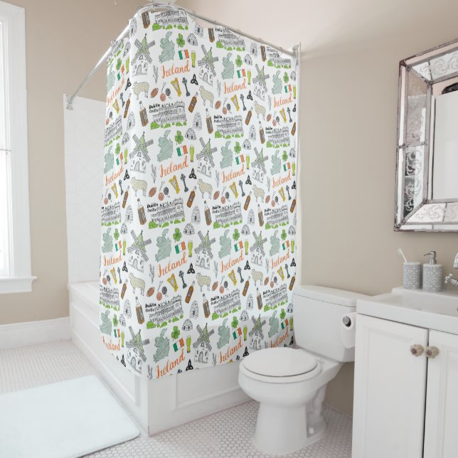 Ireland Sketch Doodle Pattern Shower Curtain (In Situ)