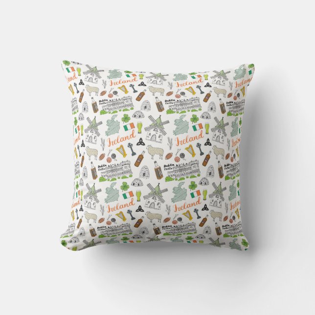 Ireland Sketch Doodle Pattern Throw Pillow (Front)