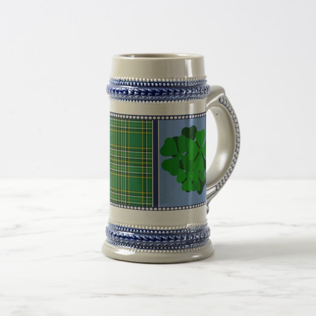 Ireland tartan,shamrock, 4 leaf clover, add name beer stein (Front Right)