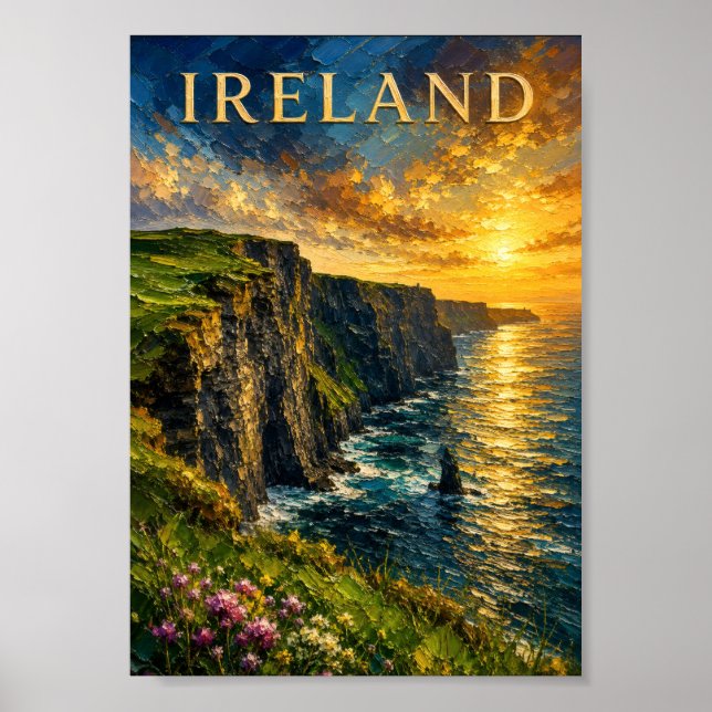 Ireland: Vibrant Sunset Cliffs Moher Art Souvenir Poster (Front)