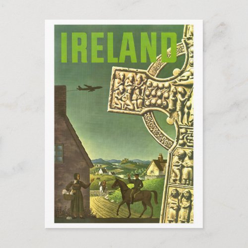 Ireland village celtic cross vintage travel postcard