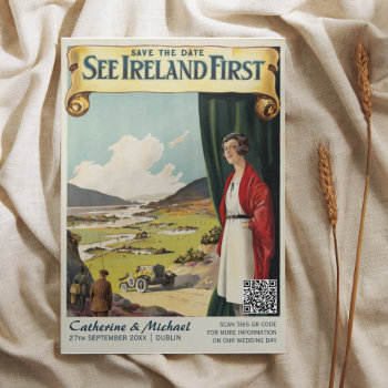 Ireland Vintage Wedding Travel Poster Qr Code Save The Date by MemorableLoveBonds at Zazzle